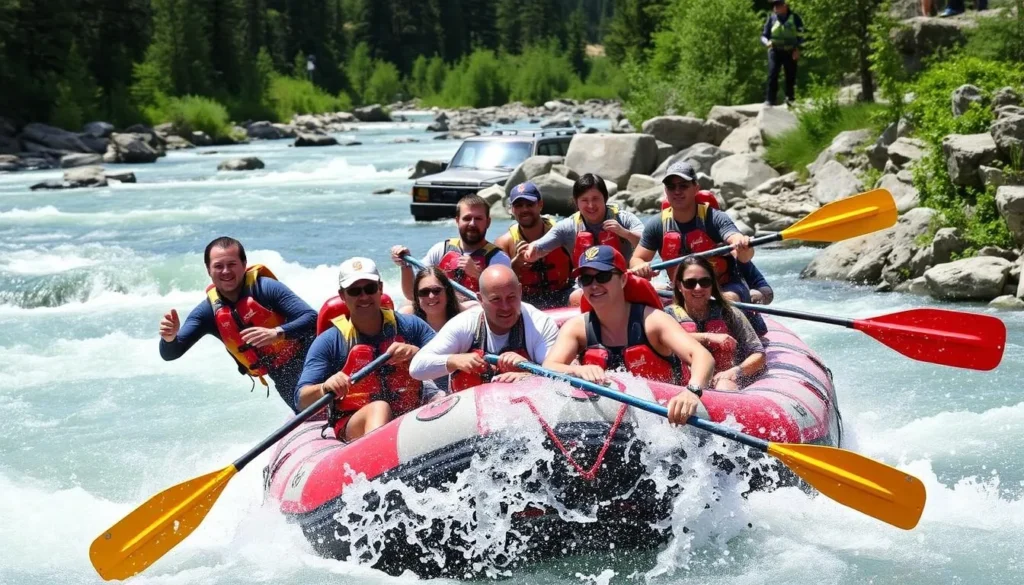 An image of a group of people whitewater rafting on the Kicking Horse River