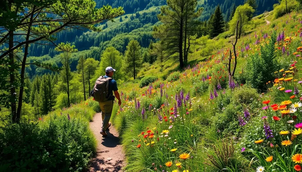 An image of a hiker walking on a scenic trail in Glen Cove, surrounded by lush greenery and vibrant wildflowers.