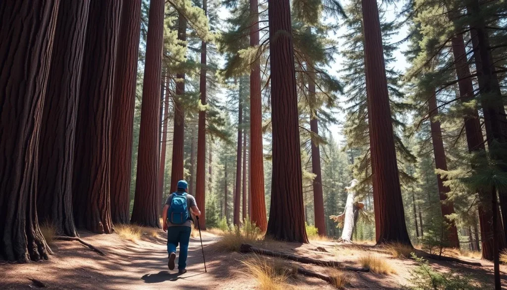 An image of a hiker walking through the Cedars of God forest in Lebanon, with majestic cedar trees towering above.