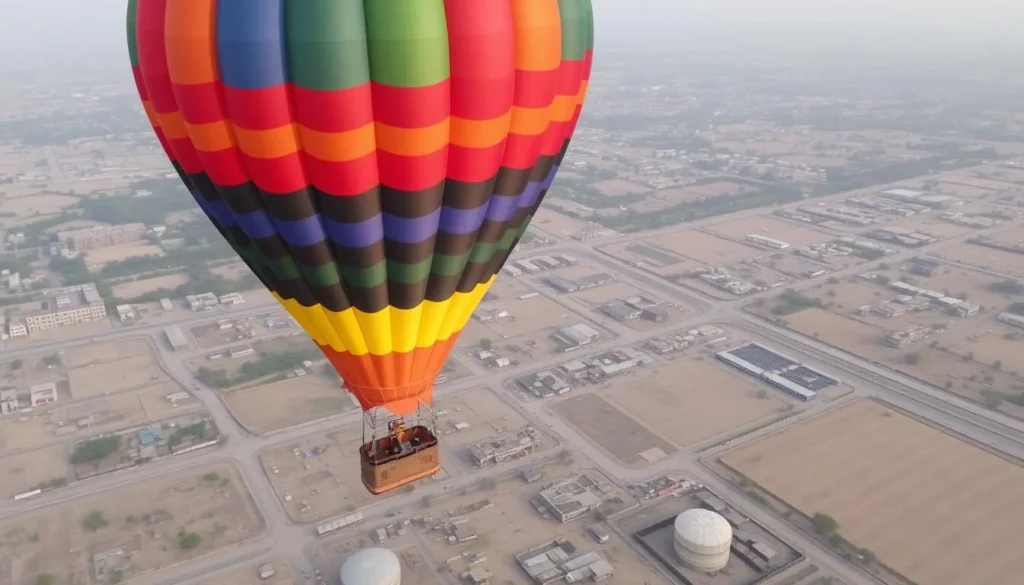 An image of a hot air balloon flying over Firozabad's glass manufacturing districts