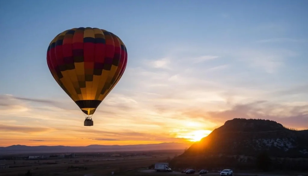 An image of a hot air balloon soaring above Longmont with the sunrise in the background.
