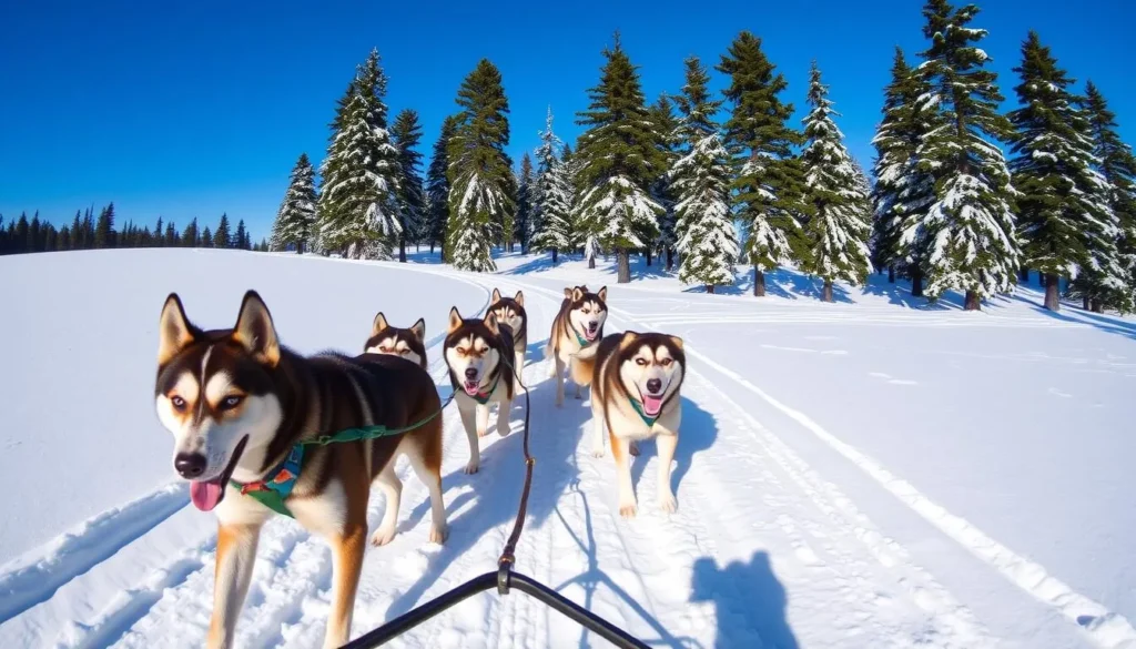 An image of a husky sledding experience in Levi, Finland, with a team of energetic huskies pulling a sled through a snowy landscape.