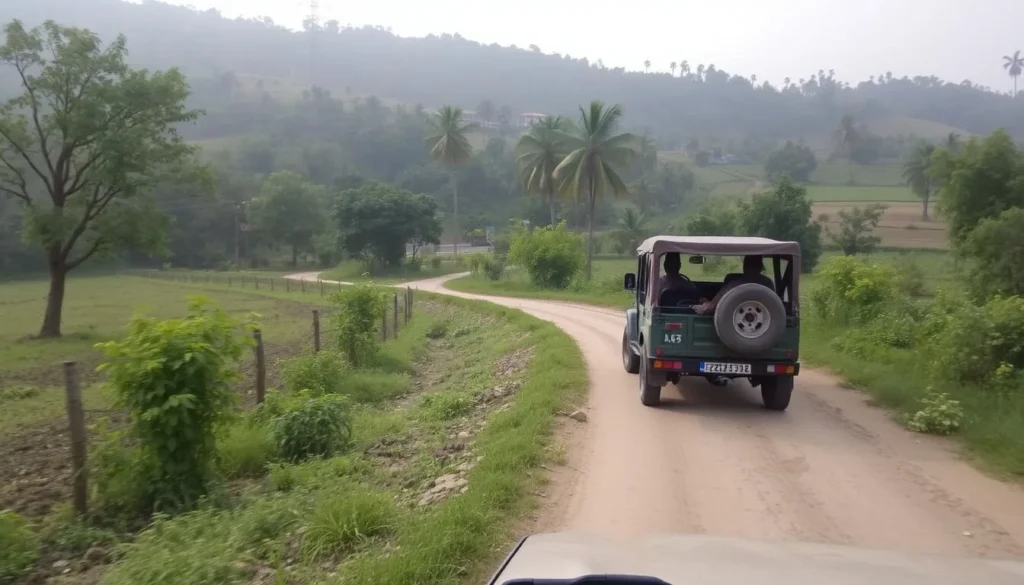 An image of a jeep safari in the rural areas of Firozabad, passing through natural landscapes