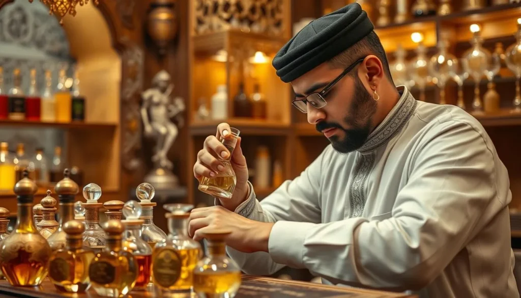 An image of a person blending perfumes in a traditional Kuwaiti setting