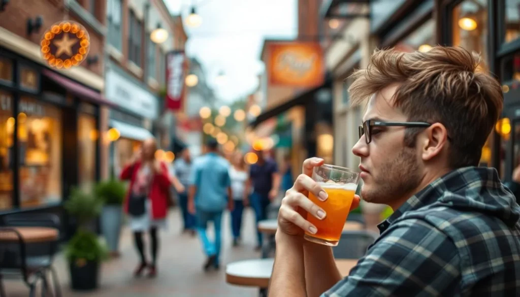 An image of a person enjoying a drink in High Point's Social District, with a blurred background of shops and people walking.