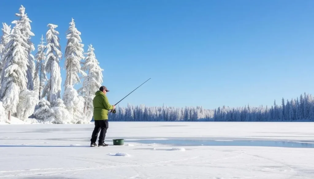 An image of a person ice fishing on a frozen lake in Levi, Finland