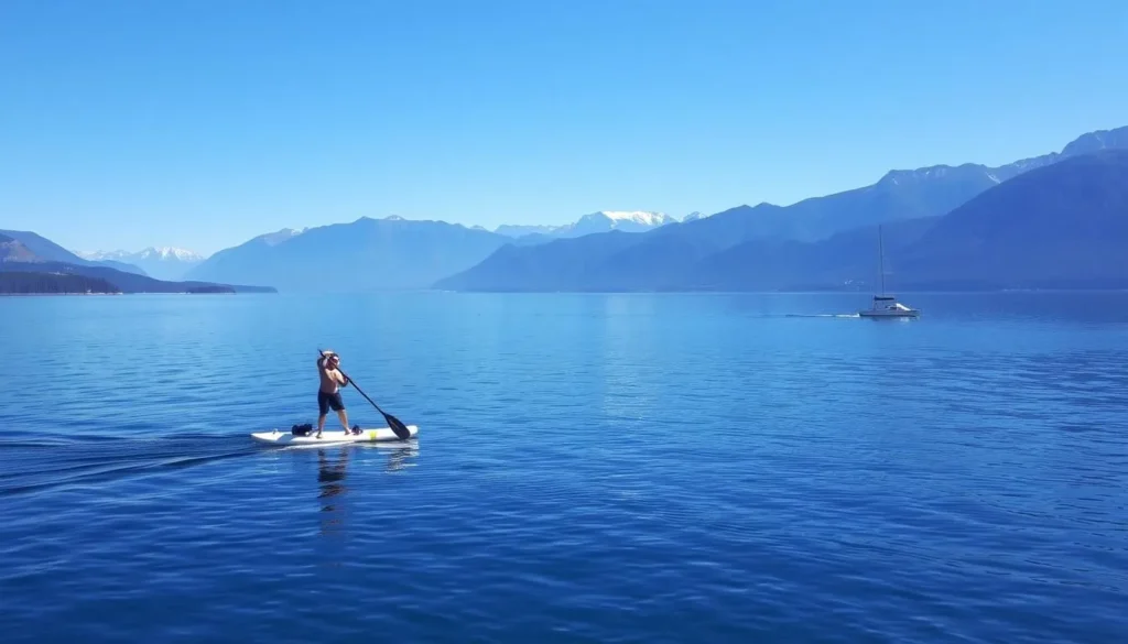 An image of a person paddleboarding on the calm waters of Barrier Lake, surrounded by mountains.