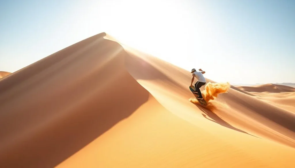 An image of a person sandboarding down a massive dune in Huacachina, Ica, Peru