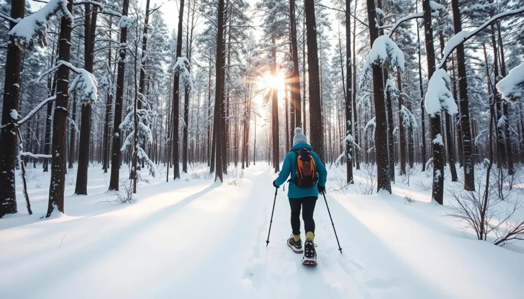 An image of a person snowshoeing through a forest in Levi, Finland