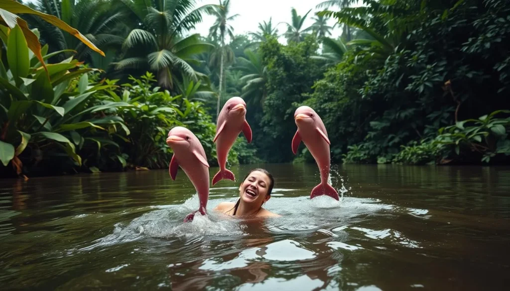 An image of a person swimming with pink dolphins in the Amazon River.