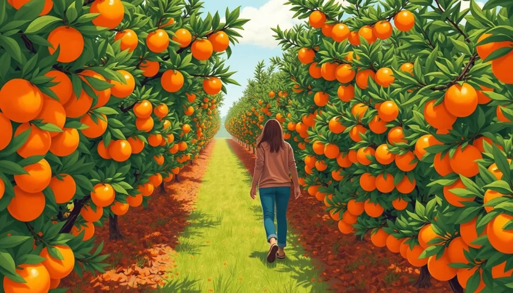 An image of a person walking through an orange orchard, inspecting the oranges.