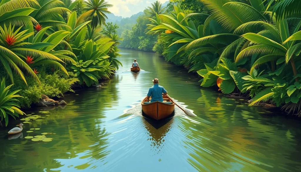 An image of a pirogue navigating through the winding waterways of the Approuague River in French Guiana.
