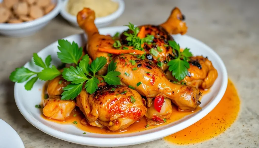 An image of a plate of Saoji Waradi chicken, garnished with fresh herbs.