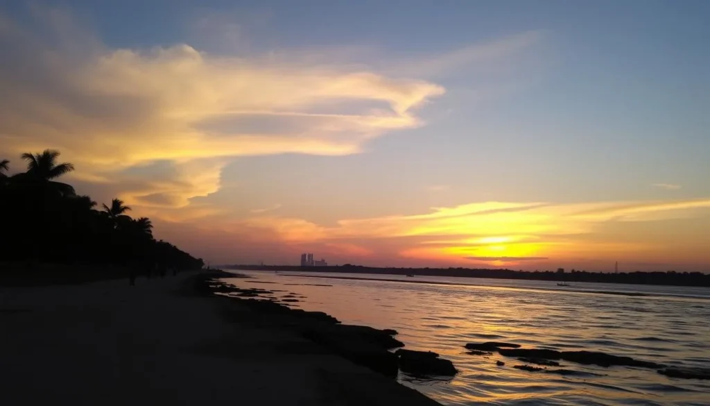 An image of a serene Hooghly River walk in Kamarhati during sunset.