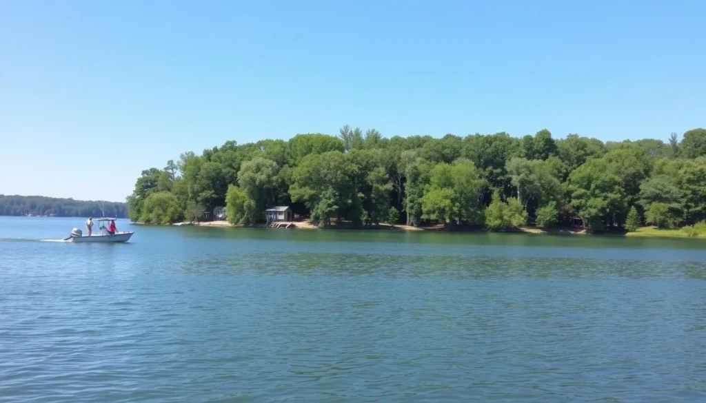 An image of a serene fishing spot on Lake Dardanelle with a boat and anglers.