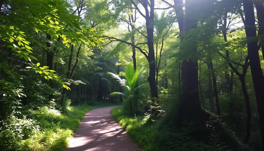 An image of a serene forest path in Horto Florestal, Campos do Jordao, with lush greenery and a tranquil atmosphere. An image of a serene forest path in Horto Florestal, Campos do Jordao, with lush greenery and a tranquil atmosphere.