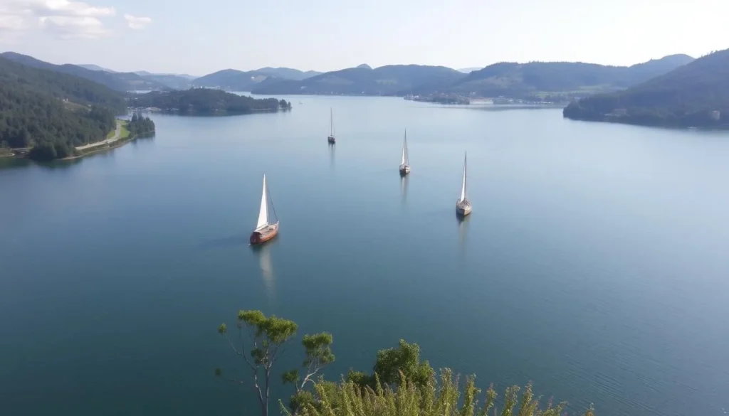 An image of a serene lake with boats sailing and a picturesque surroundings.