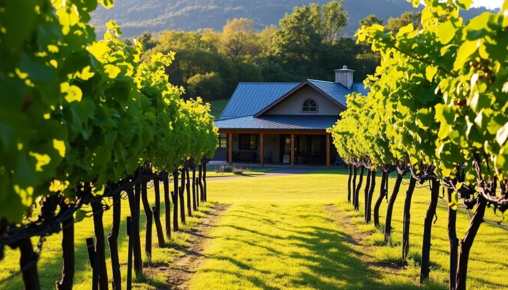 An image of a serene vineyard in Alexandria Bay with a tasting room in the background. An image of a serene vineyard in Alexandria Bay with a tasting room in the background.