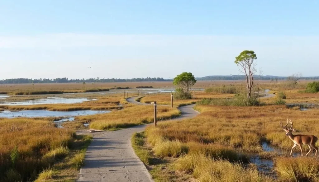 An image of a serene wetland landscape with walking trails and diverse wildlife.