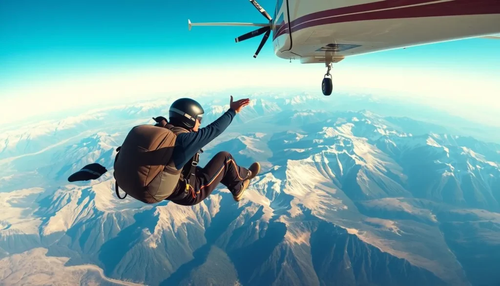 An image of a skydiver jumping from a plane over the Rocky Mountains.
