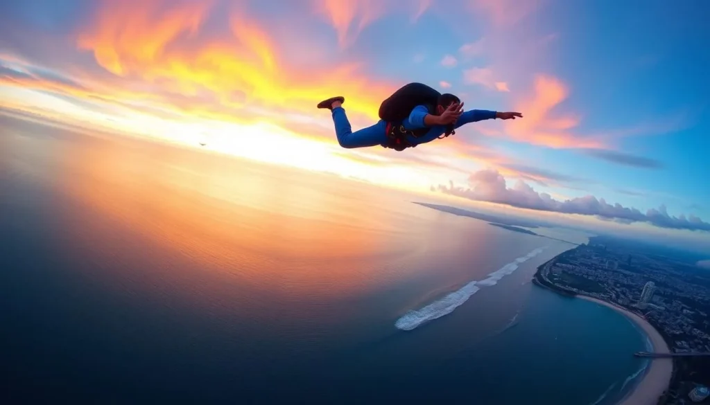 An image of a skydiver over the coastline of Thiruvananthapuram