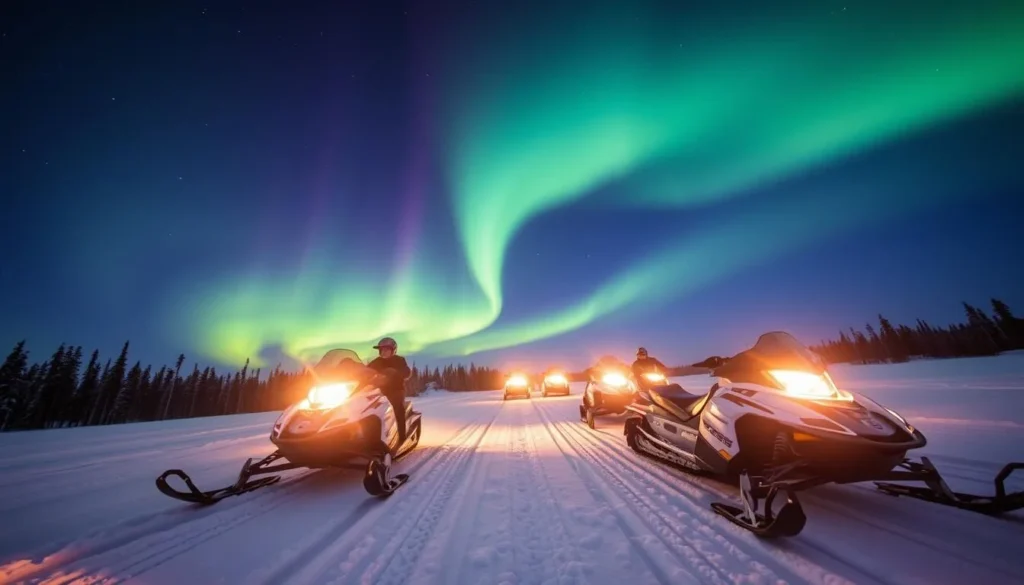 An image of a snowmobile safari in Levi, Finland, with the Northern Lights in the background.