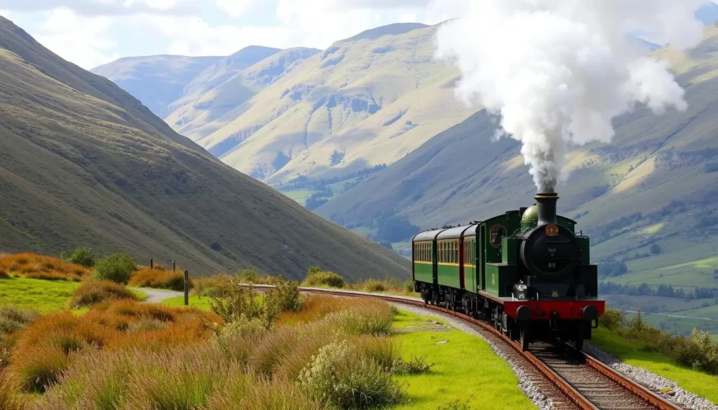 An image of a steam train on the Ffestiniog Railway passing through a picturesque valley