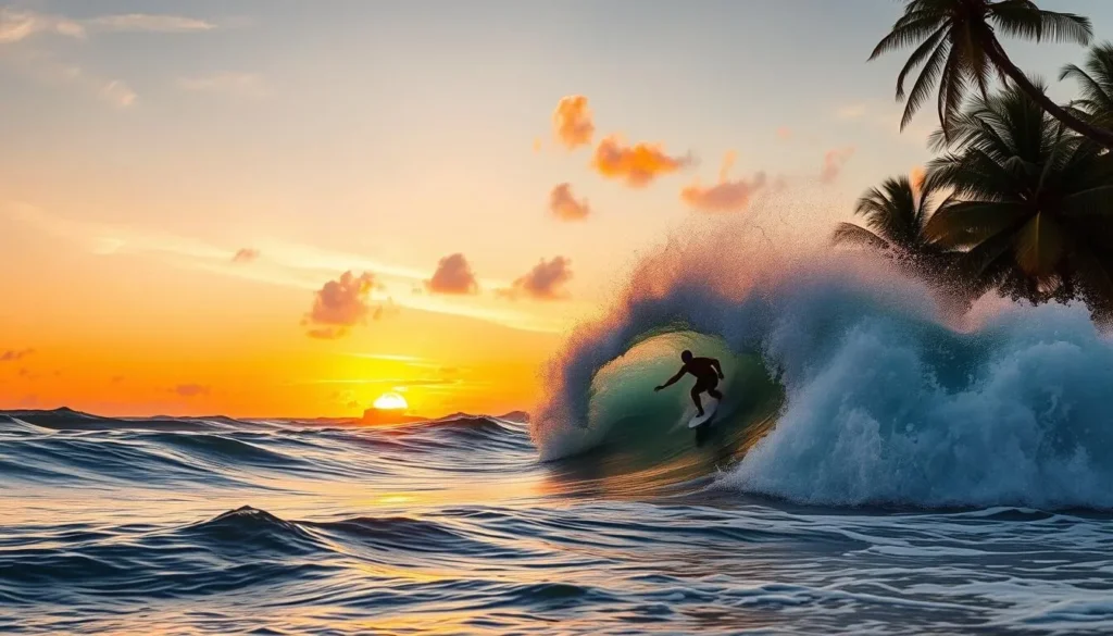 An image of a surfer riding a wave in Palomino, Colombia