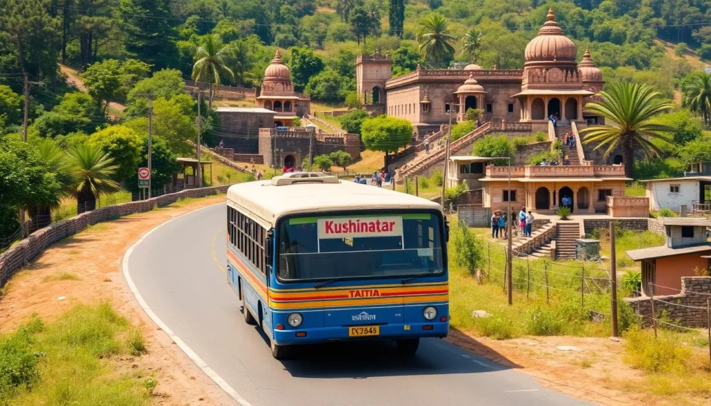 An image of a tourist bus traveling towards Kushinagar