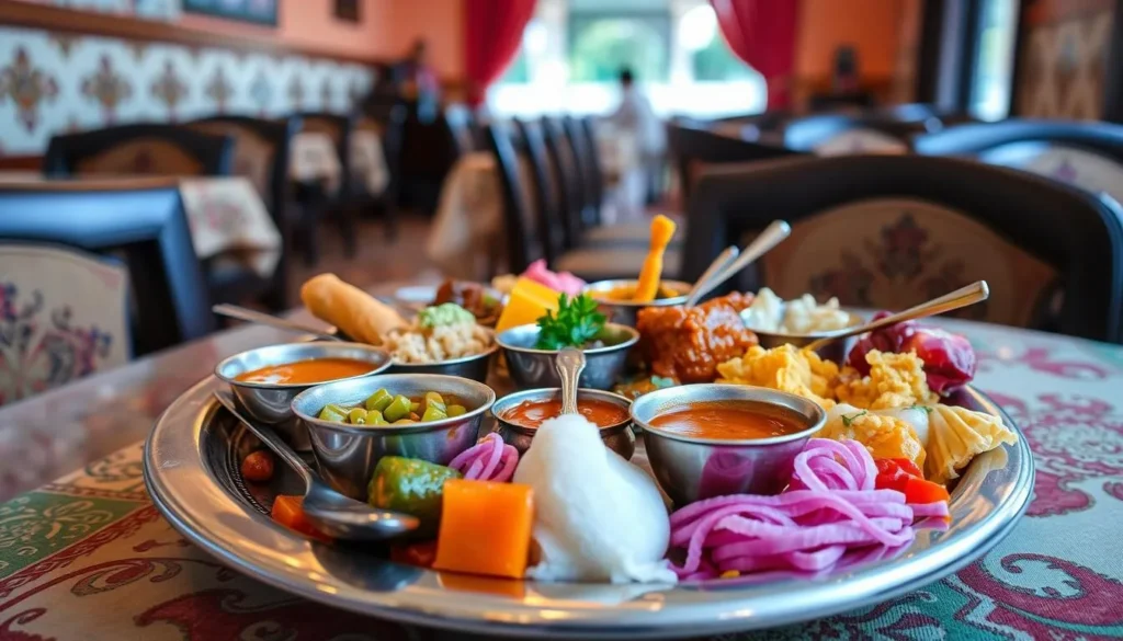 An image of a traditional Rajasthani thali being served at a restaurant in Ajmer.