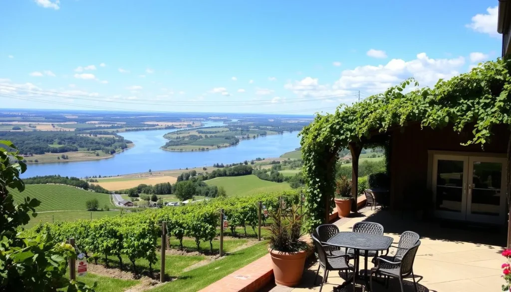 An image of a vineyard with a patio overlooking the Minnesota River Valley