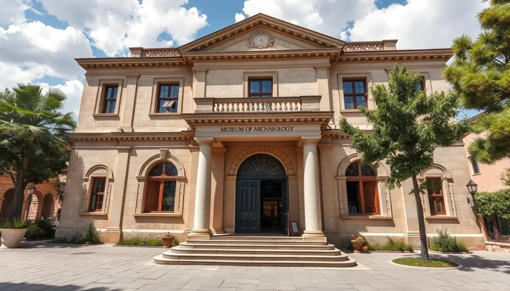 An image of an exhibit or the exterior of the Museum of Archaeology