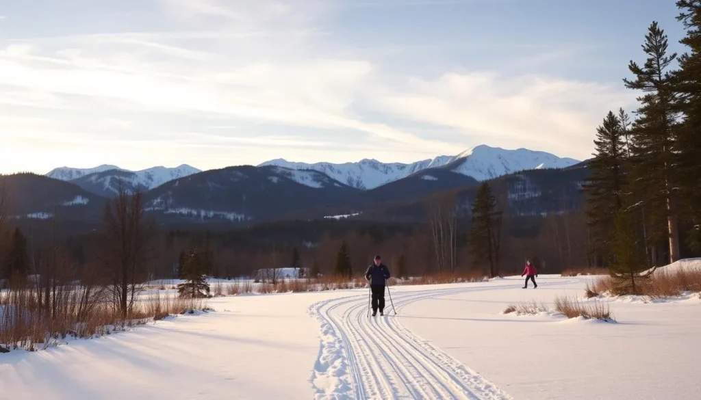 An image of cross-country skiers gliding through the serene snow-covered trails at McCoy Park, with the Beaver Creek mountains in the background.