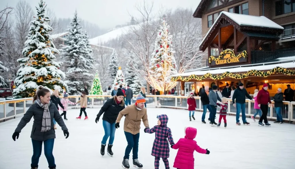 An image of families ice skating together at the Beaver Creek Ice Rink, surrounded by snow-covered trees and festive decorations.