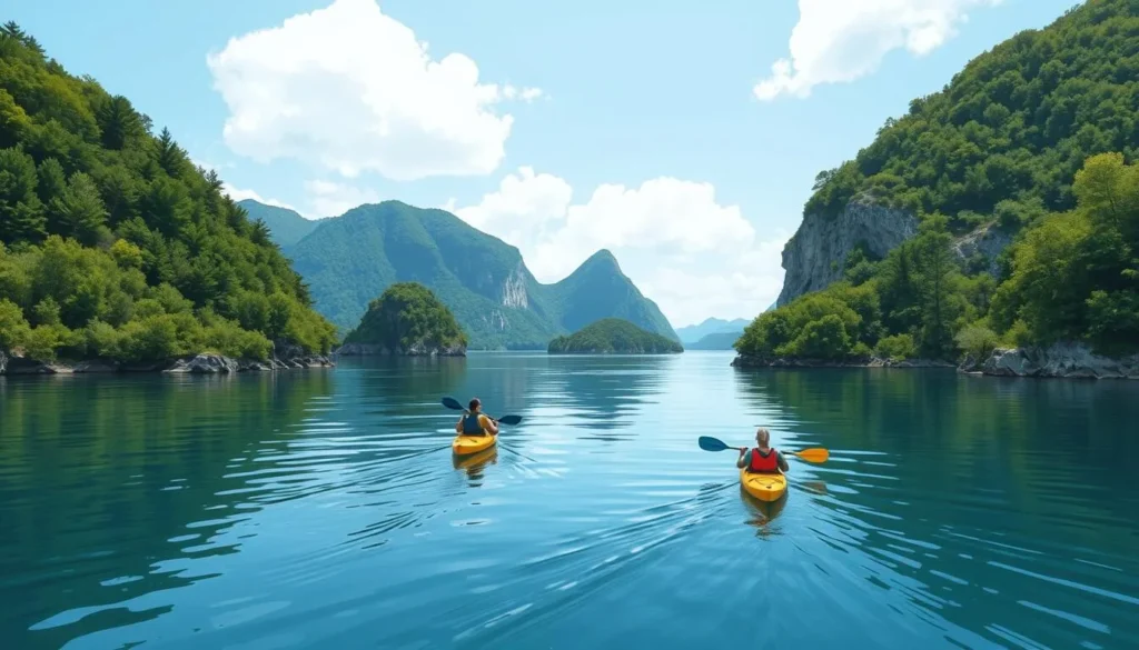 An image of kayakers paddling through the calm waters of Foljesta National Park's archipelago.