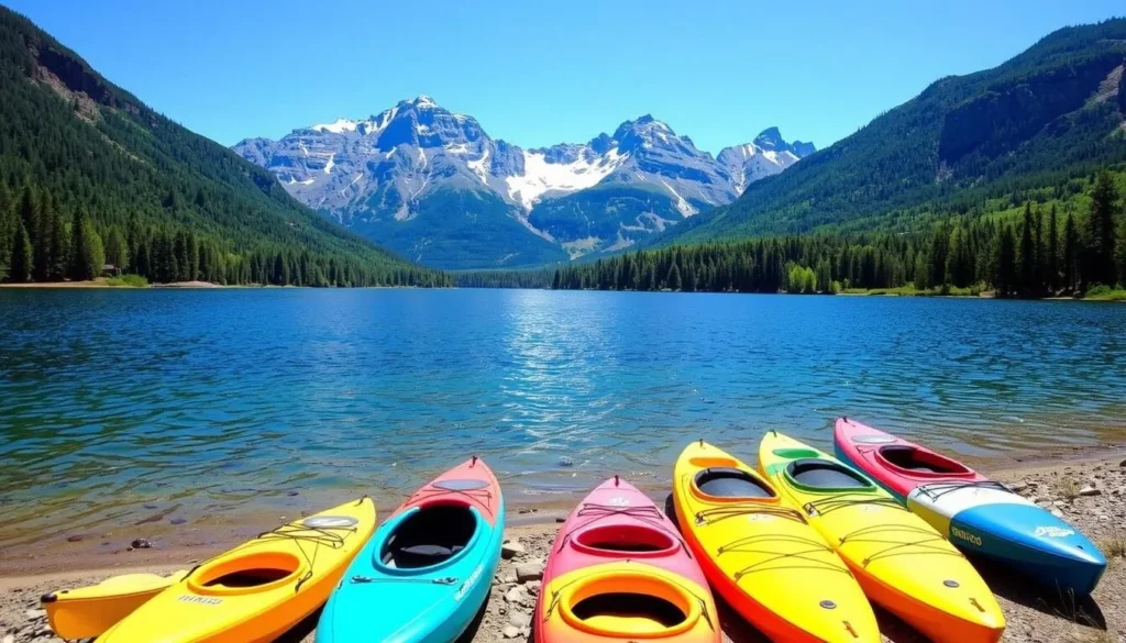 An image of kayaks and paddleboards on Redfish Lake