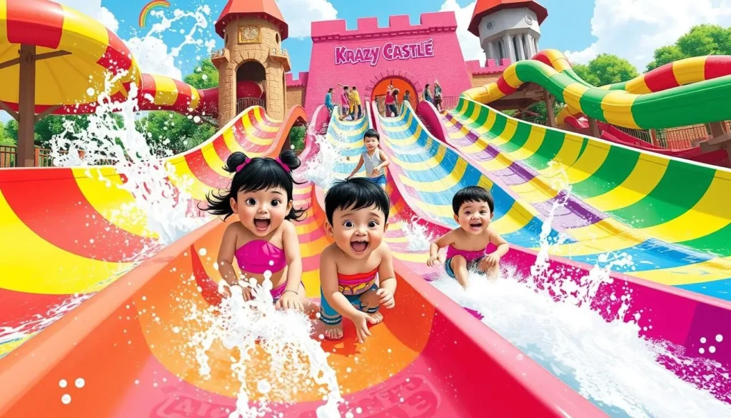 An image of kids enjoying water slides at Krazy Castle Aqua Park