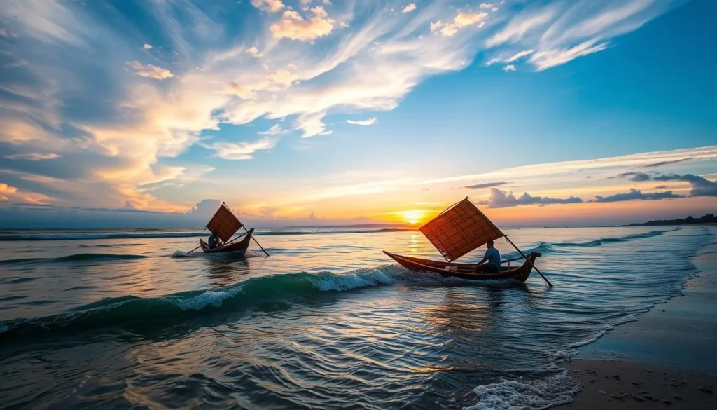 An image of local fishermen using traditional reed boats, known as "caballitos de totora," at Pimentel Beach.