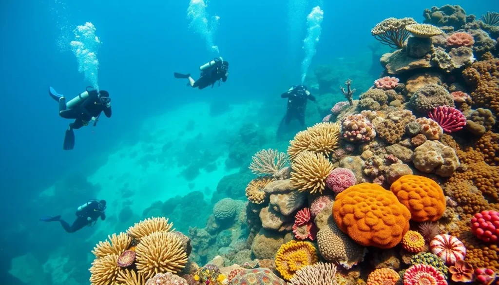 An image of scuba divers exploring coral reefs near Kovalam