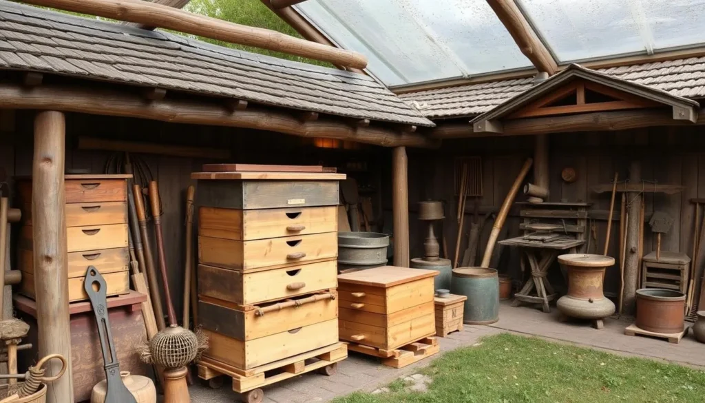 An image of the Ancient Beekeeping Museum near Stripeikiai, showcasing traditional beehives and beekeeping equipment.