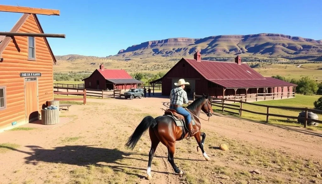 An image of the Bar U Ranch National Historic Site, showcasing its historic barns and cowboy riding a horse.