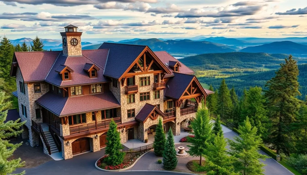 An image of the Bear Mountain Inn, showcasing its stone and timber architecture amidst a scenic landscape.