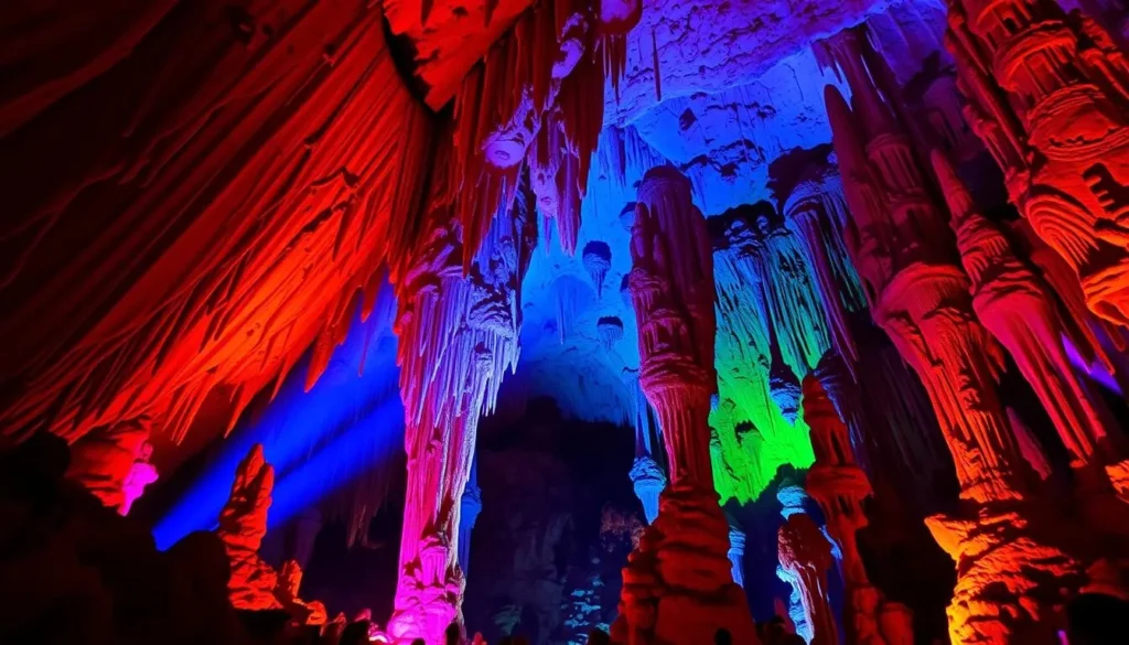 An image of the Borra Caves with stalactite and stalagmite formations illuminated by colorful lights.