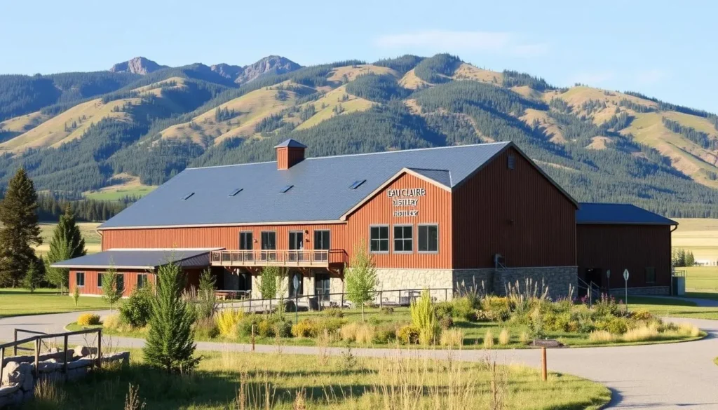 An image of the Eau Claire Distillery building in Turner Valley, Alberta, with a scenic backdrop of the Alberta foothills.