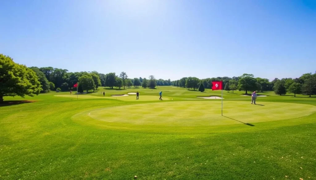 An image of the Glen Cove Municipal Golf Course with lush green fairways and golfers playing on a sunny day.