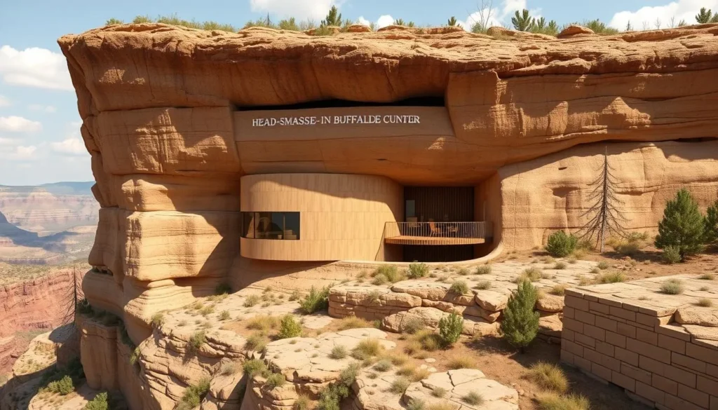 An image of the Head-Smashed-In Buffalo Jump interpretive center built into the cliff face.
