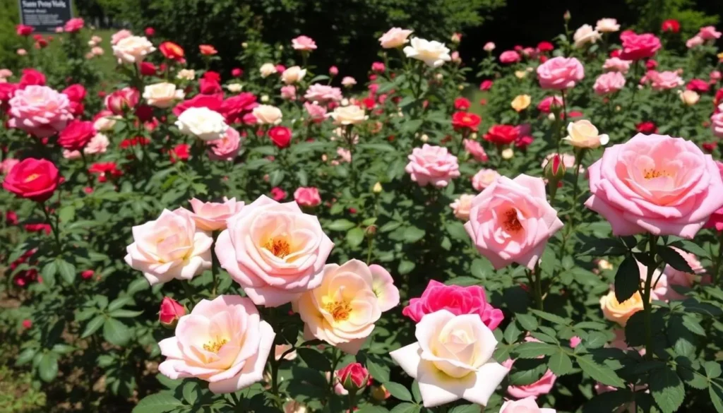 An image of the Heritage Rose Garden at Springbrook Park in full bloom during summer.