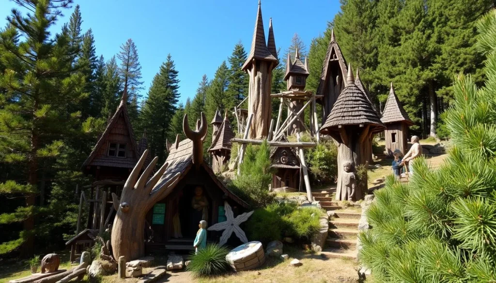 An image of the Hill of Witches in Juodkrante, with wooden sculptures among pine trees.