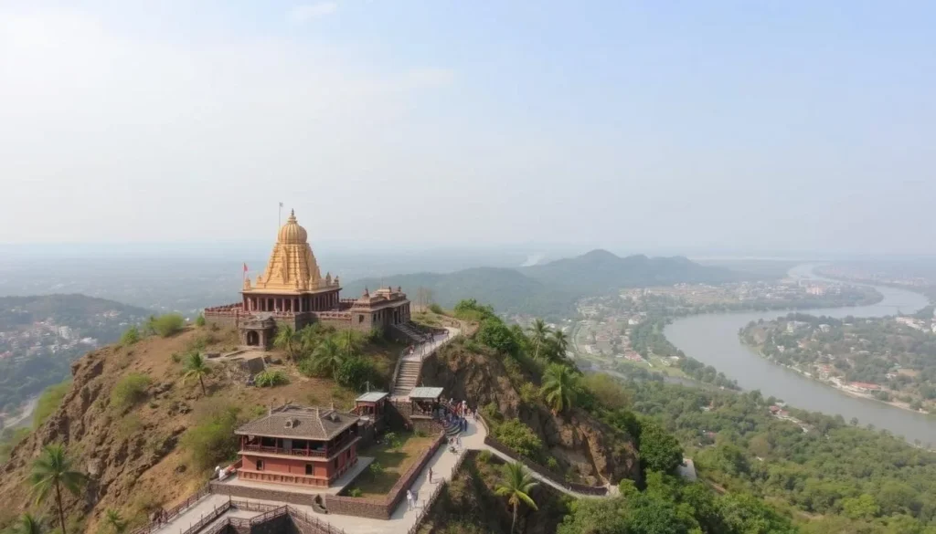 An image of the Kanaka Durga Temple perched on Indrakeeladri Hill, overlooking the Krishna River.