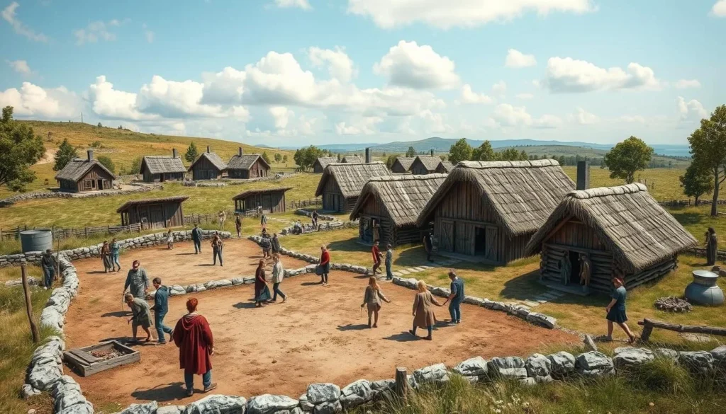 An image of the Kaupang Viking Settlement archaeological site with reconstructed Viking houses and visitors exploring the area.